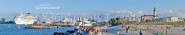 Panoramapostkarte Warnemünde Strand mit Schiffen 