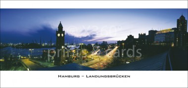 XL-Postkarte Landungsbrücken im Abendlicht 