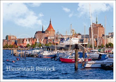 Postkarte Hansestadt Rostock Hafen mit Kirche 